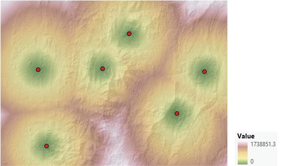 Map of accumulative cost distance from six points Map of accumulative cost distance from six points